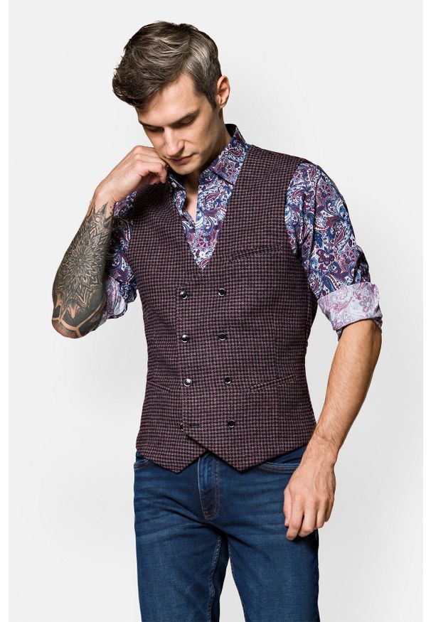 Lancerto - Kamizelka Bordowo-Granatowa z Wełną i Bawełną w Pepitę Isola. Kolor: czerwony. Materiał: bawełna, wełna, poliester