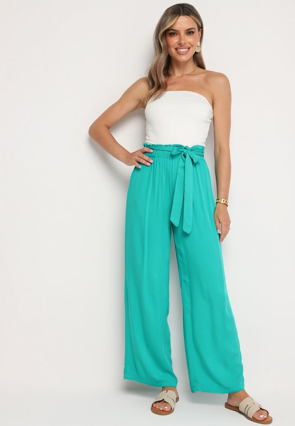 Born2be - Zielone Spodnie Szerokie Pheriko. Kolor: zielony. Materiał: wiskoza, tkanina, materiał, guma. Długość: długie. Sezon: lato