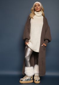 Renee - Ciemnoszary Kardigan Długi z Bufiastym Rękawem Mesho. Kolor: szary. Materiał: jeans. Długość: długie. Styl: elegancki