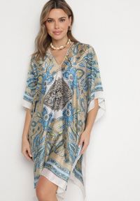 Born2be - Beżowe Lekkie Ponczo Narzutka z Jedwabiu i Wiskozy w Ornamentalny Wzór Azendia. Okazja: na spacer, na plażę, na co dzień. Typ kołnierza: dekolt w kształcie V. Kolor: beżowy. Materiał: jedwab, wiskoza. Wzór: aplikacja. Sezon: lato. Styl: casual, klasyczny #4