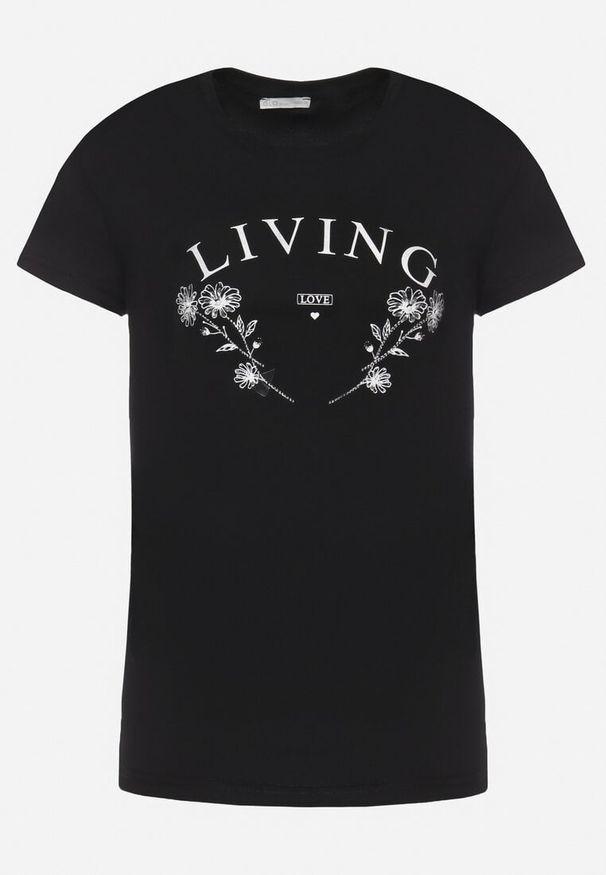 Born2be - Czarny Bawełniany T-shirt z Napisem Living i Nadrukiem Commea. Okazja: na co dzień. Kolor: czarny. Materiał: bawełna. Wzór: napisy, nadruk. Styl: elegancki, casual