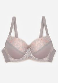 Renee - Szaro-Różowy Biustonosz z Koronką i Cyrkoniami Himelodia. Kolor: szary. Materiał: koronka. Wzór: koronka #3