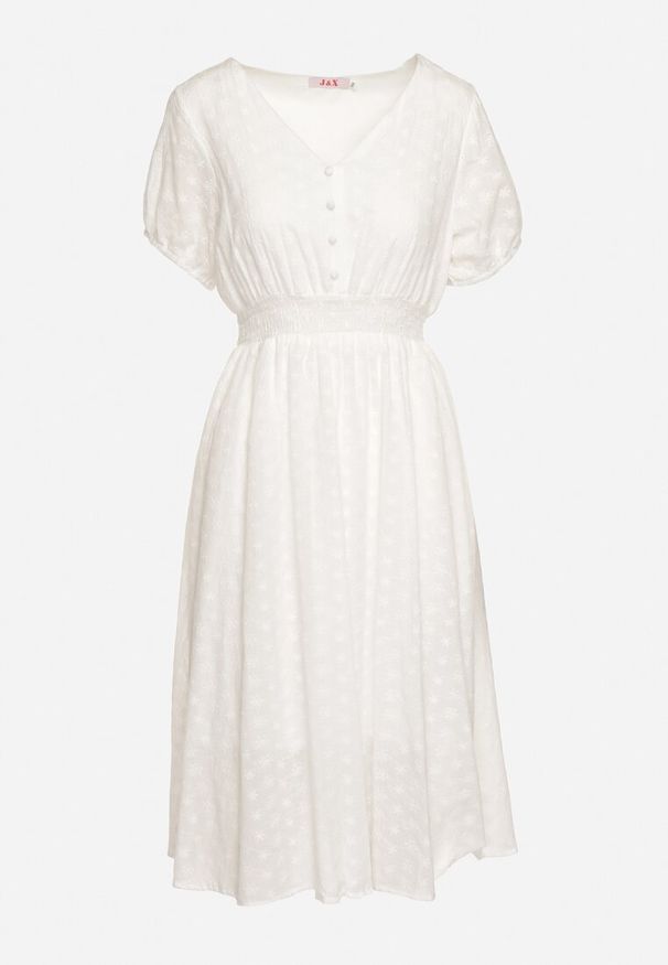 Born2be - Biała Bawełniana Sukienka z Ozdobnym Haftem i Cienkimi Gumkami w Pasie Gemilla. Okazja: na co dzień. Typ kołnierza: dekolt w kształcie V. Kolor: biały. Materiał: bawełna. Długość rękawa: krótki rękaw. Wzór: haft. Styl: casual