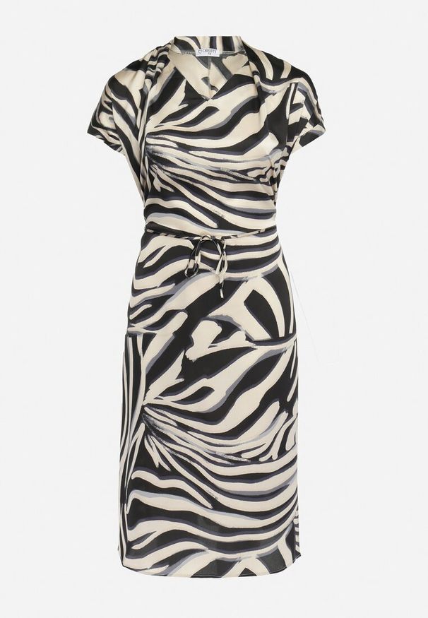 Born2be - Beżowo-Czarna Pudełkowa Sukienka Midi z Materiałowym Paskiem w Animal Print Ovita. Kolor: beżowy. Materiał: materiał. Wzór: nadruk. Długość: midi
