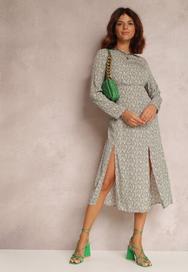 Renee - Miętowa Sukienka Lamilirea. Kolor: miętowy. Długość rękawa: długi rękaw. Styl: elegancki. Długość: midi