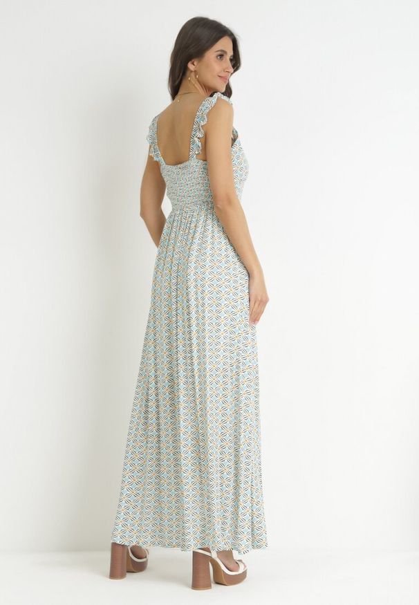 Born2be - Niebieska Wiskozowa Sukienka Maxi na Szerokich Ramiączkach z Cienkimi Gumkami Dayani. Okazja: na co dzień. Kolor: niebieski. Materiał: wiskoza. Długość rękawa: na ramiączkach. Wzór: aplikacja, kwiaty. Typ sukienki: proste. Styl: casual. Długość: maxi