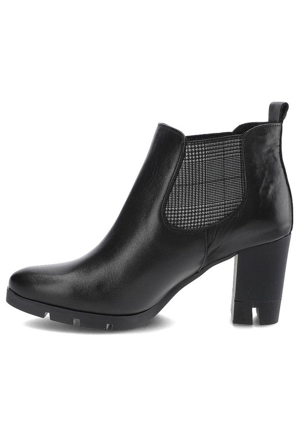 Czarne Botki Karino Damskie Eleganckie Obuwie. Okazja: do pracy, na spotkanie biznesowe. Kolor: czarny. Materiał: skóra. Obcas: na obcasie. Styl: elegancki. Wysokość obcasa: średni