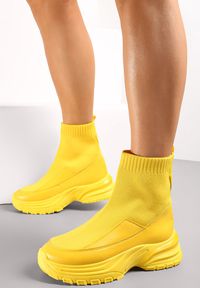 Renee - Żółte Sneakersy ze Skarpetkową Cholewką na Platformie Hindessa. Kolor: żółty. Szerokość cholewki: normalna. Obcas: na platformie #5