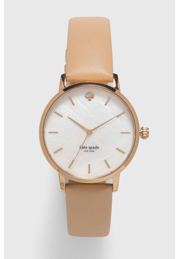 Kate Spade Zegarek damski kolor beżowy. Kolor: beżowy. Materiał: skóra, materiał