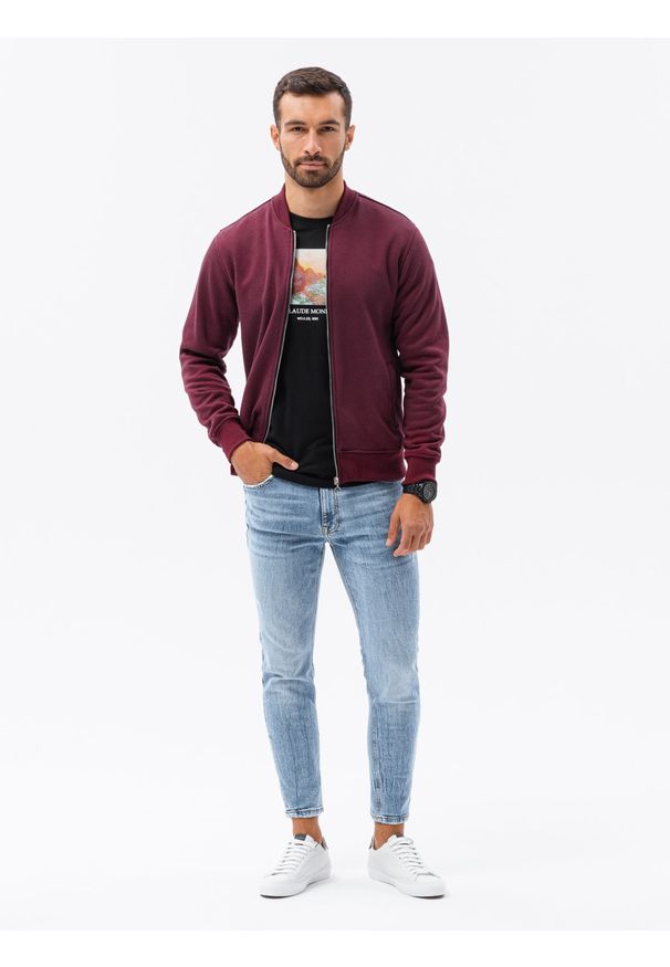 Ombre Clothing - Bluza męska rozpinana bez kaptura B1077 - bordowa - XXL. Typ kołnierza: bez kaptura. Kolor: czerwony. Materiał: poliester, bawełna