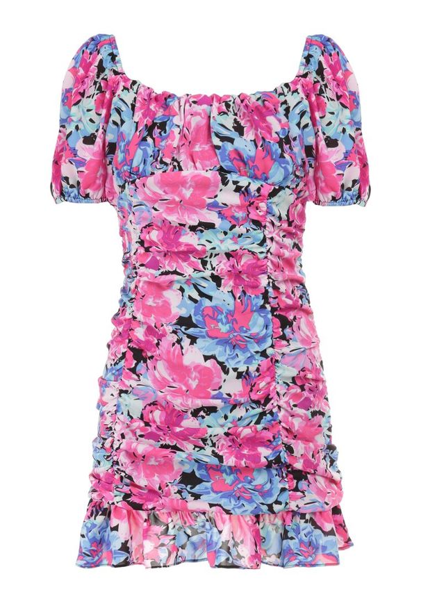 Born2be - Fuksjowa Sukienka Ampele. Kolor: różowy. Wzór: aplikacja, kolorowy, kwiaty. Typ sukienki: dopasowane. Styl: klasyczny. Długość: mini