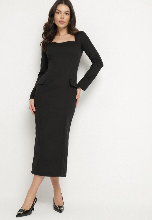 Born2be - Czarna Elegancka Sukienka Ołówkowa z Wiązaniem i Imitacją Kieszeni Tillirisa. Okazja: na co dzień, na imprezę, na spotkanie biznesowe. Kolor: czarny. Długość rękawa: długi rękaw. Typ sukienki: ołówkowe. Styl: elegancki