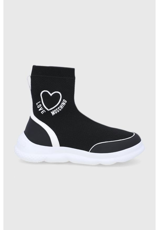 Love Moschino Buty kolor czarny na płaskiej podeszwie. Nosek buta: okrągły. Kolor: czarny. Materiał: guma. Obcas: na płaskiej podeszwie