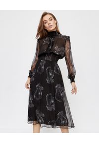 ICON - Czarna sukienka z jedwabiu Joana. Kolor: czarny. Materiał: jedwab. Wzór: aplikacja. Typ sukienki: rozkloszowane. Styl: klasyczny. Długość: midi #1