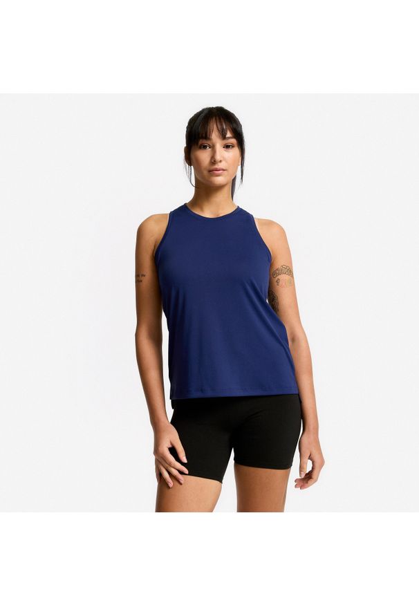 DOMYOS - Koszulka fitness damska bez rękawów. Kolor: niebieski. Materiał: poliester, elastan, materiał. Długość rękawa: bez rękawów. Sport: fitness