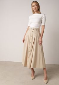 Born2be - Beżowa Spódnica Rozkloszowana z Bawełną i Paskiem oraz Kieszniami Jorlea. Okazja: na co dzień. Kolor: beżowy. Materiał: bawełna. Sezon: lato. Styl: casual, elegancki, boho, klasyczny #4