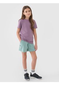 4f - 4F T-shirt regular gładki dziewczęcy - fioletowy 140 (9-10 lat). Okazja: na co dzień. Kolor: fioletowy. Materiał: bawełna, jersey, dzianina. Długość rękawa: krótki rękaw. Długość: krótkie. Wzór: gładki. Sezon: lato. Styl: sportowy, casual, klasyczny
