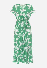 Renee - Zielona Sukienka z Kopertowym Dekoltem Plisowanym Dołem Wykończona w Talii Paskiem i Gumką Elsavia. Okazja: na co dzień, na imprezę. Kolor: zielony. Materiał: len. Długość rękawa: krótki rękaw. Sezon: lato. Typ sukienki: kopertowe. Styl: elegancki, casual, wizytowy #8