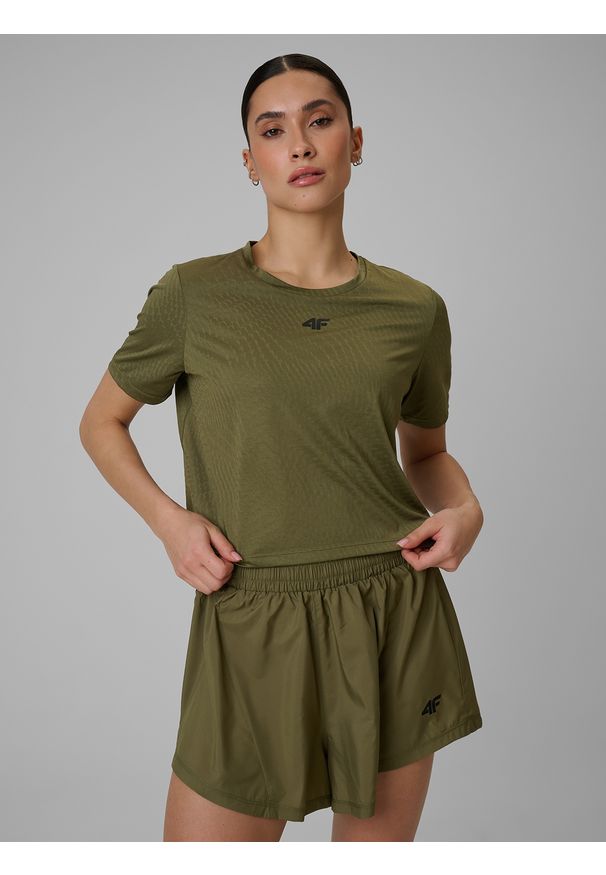 4f - 4F Crop top treningowy slim szybkoschnący damski - oliwkowy S. Kolor: oliwkowy, brązowy, wielokolorowy. Sport: fitness