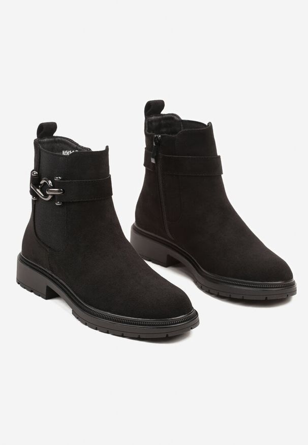 Born2be - Czarne Botki Sztyblety na Obcasie Ozdobione Metaliczną Aplikacją Mlirena. Okazja: na co dzień. Kolor: czarny. Materiał: jeans. Wzór: aplikacja. Obcas: na obcasie. Styl: klasyczny, elegancki, wizytowy, casual. Wysokość obcasa: średni