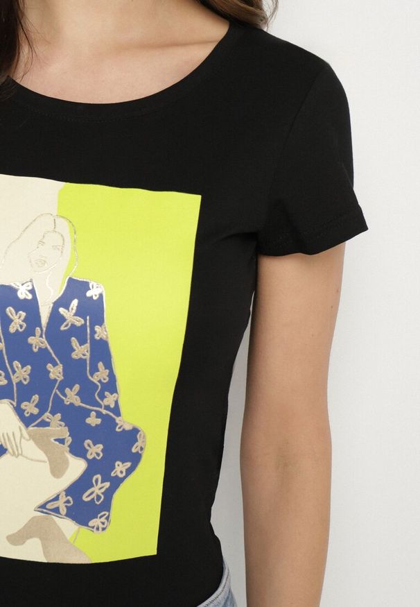 Born2be - Czarny Bawełniany T-shirt z Ozdobnym Nadrukiem Setonisea. Okazja: na co dzień. Kolor: czarny. Materiał: bawełna. Wzór: nadruk. Styl: casual