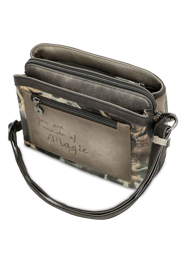 Torebka damska Anekke, mała bogato zdobiona we wzory zapinana na zamek z regulowanym paskiem, szara, 41703-258. Kolor: szary. Wzór: aplikacja. Dodatki: z breloczkiem. Materiał: zdobione. Styl: boho. Rodzaj torebki: na ramię