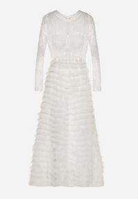 Born2be - Biała Maxi Sukienka Rozkloszowana z Koronkową Górą i Tiulowymi Falbankami Firina. Typ kołnierza: kołnierz z falbankami. Kolor: biały. Materiał: tiul, koronka. Długość: maxi #3