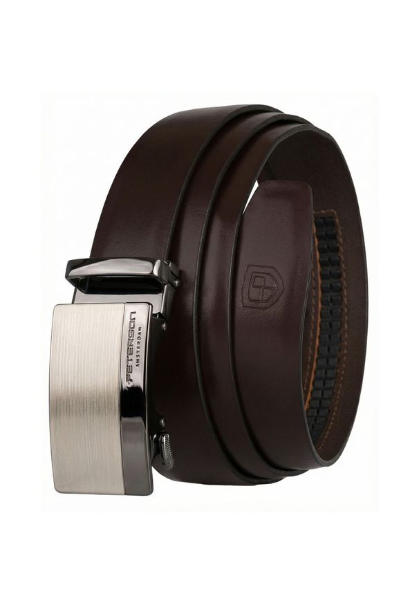 Skórzany pasek męski w ciemnobrązowym kolorze z automatyczną, srebrną klamrą Peterson PTN A012 D.BROWN. Kolor: brązowy, srebrny, wielokolorowy. Materiał: skóra. Styl: elegancki