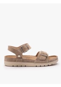 Ryłko - Ciemnobeżowe sandały na grubszym spodzie z dwoma paskami. Okazja: na co dzień. Nosek buta: okrągły. Zapięcie: pasek. Kolor: beżowy. Materiał: skóra, welur. Wzór: paski. Sezon: lato. Styl: casual, street, klasyczny #1