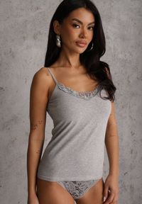 Renee - Ciemnoszary Bieliźniany Top na Ramiączkach z Bawełny Zdobiony Koronką Bernelle. Kolor: szary. Materiał: bawełna, koronka. Długość rękawa: na ramiączkach. Wzór: aplikacja, koronka #3