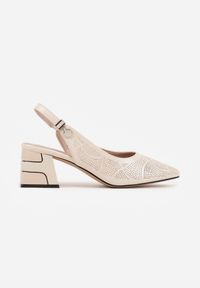 Renee - Beżowe Ażurowe Czółenka VICES na Słupku Slingback Elinona. Kolor: beżowy. Materiał: satyna. Szerokość cholewki: normalna. Wzór: ażurowy. Obcas: na słupku #9