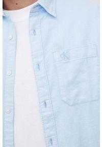 Calvin Klein Jeans koszula z domieszką lnu męska slim z kołnierzykiem klasycznym. Typ kołnierza: kołnierzyk klasyczny. Kolor: niebieski. Materiał: len. Wzór: aplikacja. Styl: klasyczny #4