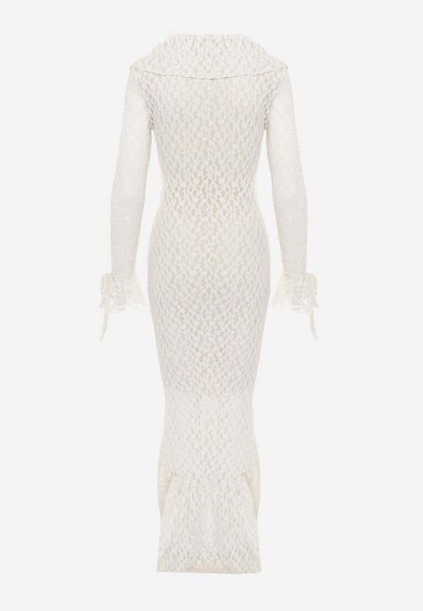 Renee - Beżowa Wieczorowa Sukienka z Koronki Zdobiona Falbanami Lunetra. Typ kołnierza: dekolt w kształcie V. Kolor: beżowy. Materiał: koronka. Wzór: aplikacja, koronka. Styl: wizytowy