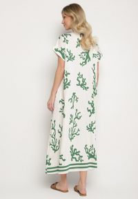 Born2be - Zielono-Beżowa Sukienka z Lnem i Wiskozą o Pudełkowym Kroju Sadirene. Okazja: na co dzień, na spotkanie biznesowe. Kolor: zielony. Materiał: len, wiskoza. Wzór: kwiaty. Sezon: wiosna, lato. Styl: biznesowy, casual, elegancki #6