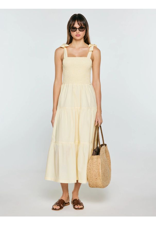 Big-Star - Sukienka damska midi na ramiączkach w drobne paseczki jasnożółta Gopisi 200. Kolor: żółty. Materiał: bawełna, tkanina. Długość rękawa: na ramiączkach. Długość: midi