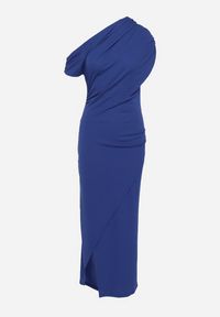 Born2be - Granatowa Asymetryczna Koktajlowa Sukienka Ozdobiona Wycięciem na Dole i Marszczeniem Dimasea. Okazja: do pracy. Kolor: niebieski. Wzór: aplikacja. Typ sukienki: asymetryczne. Styl: wizytowy #6