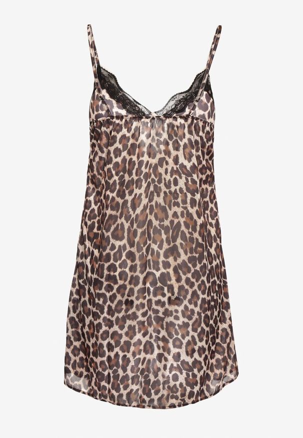 Renee - Beżowa Koszula Nocna Satynowa z Koronką na Ramiączkach z Regulacją Celestiana. Kolekcja: plus size. Kolor: beżowy. Materiał: koronka, satyna. Wzór: koronka