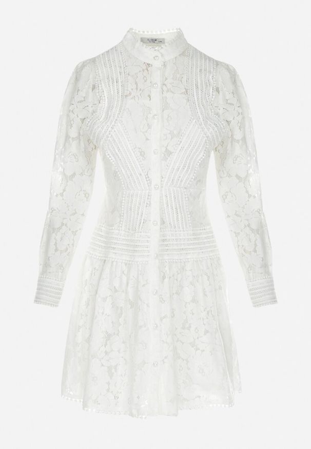 Born2be - Biała Koszulowa Sukienka z Koronką Jolley. Kolor: biały. Materiał: koronka. Długość rękawa: długi rękaw. Wzór: koronka. Typ sukienki: koszulowe. Długość: mini