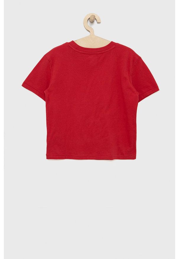 GAP t-shirt bawełniany dziecięcy kolor czerwony. Kolor: czerwony. Materiał: bawełna. Długość rękawa: krótki rękaw. Długość: krótkie. Wzór: aplikacja