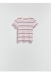 Reserved - T-shirt w paski - ciemnofioletowy. Kolor: fioletowy. Materiał: bawełna, dzianina. Wzór: paski