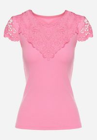 Born2be - Różowy Prążkowany T-shirt z Koronkową Wstawką Glilama. Okazja: na co dzień. Kolor: różowy. Materiał: prążkowany, koronka. Wzór: aplikacja. Styl: klasyczny, casual, elegancki #6