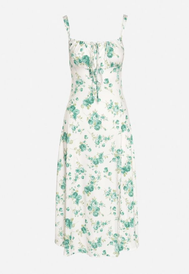 Born2be - Biało-Zielona Taliowana Sukienka w Kwiaty Ozdobiona Wiązaniem Firavire. Okazja: na co dzień. Kolor: zielony. Wzór: aplikacja, kwiaty. Sezon: wiosna, lato. Typ sukienki: sportowe. Styl: casual, sportowy