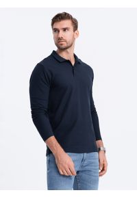 Ombre Clothing - Longsleeve męski z kołnierzykiem polo - granatowy V3 OM-POBL-0114 - XXL. Okazja: na co dzień, do pracy. Typ kołnierza: polo. Kolor: niebieski. Materiał: dzianina, materiał, bawełna. Długość rękawa: długi rękaw. Długość: długie. Wzór: ze splotem. Styl: sportowy, casual, klasyczny #2