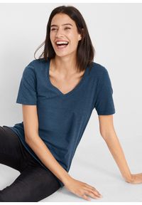 bonprix - T-shirt z bawełną organiczną. Typ kołnierza: dekolt w serek. Kolor: niebieski. Materiał: bawełna