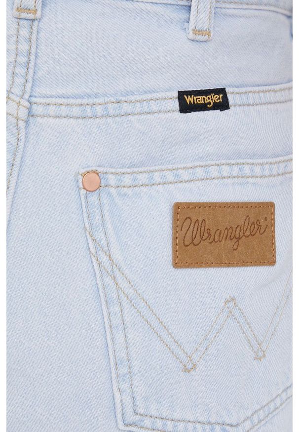 Wrangler szorty jeansowe damskie gładkie high waist. Okazja: na co dzień. Stan: podwyższony. Kolor: niebieski. Materiał: jeans. Wzór: gładki. Styl: casual