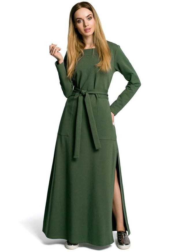 MOE - Dresowa maxi sukienka z paskiem duże kieszenie. Materiał: dresówka. Długość: maxi