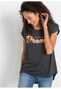 bonprix - Długi T-shirt z mieszanki wiskozy. Kolor: czarny. Materiał: wiskoza. Długość: długie. Wzór: napisy. Styl: elegancki #1