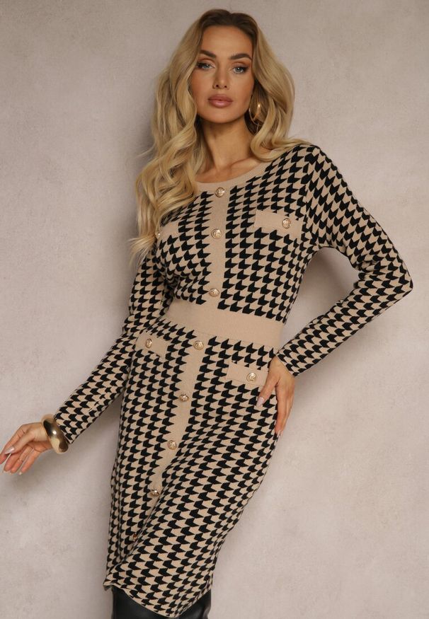 Renee - Beżowo-Czarna Sweterkowa Sukienka z Wiskozą w Pipetkę w Eleganckim Stylu Delassea. Kolor: beżowy. Materiał: wiskoza. Długość rękawa: długi rękaw. Sezon: jesień. Styl: elegancki