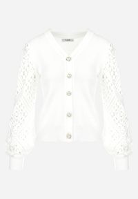 Born2be - Biały Kardigan z Ażurowymi Rękawami Oltek. Okazja: na co dzień. Typ kołnierza: dekolt w kształcie V. Kolor: biały. Materiał: jeans, materiał, wiskoza. Długość: długie. Wzór: ażurowy. Styl: elegancki, casual #6
