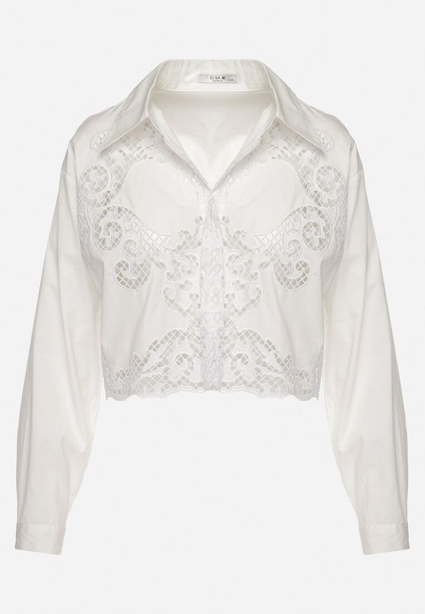 Born2be - Biała Bawełniana Koszula o Krótkim Fasonie z Ażurowym Wykończeniem Leama. Kolor: biały. Materiał: bawełna. Długość: krótkie. Wzór: ażurowy. Sezon: lato